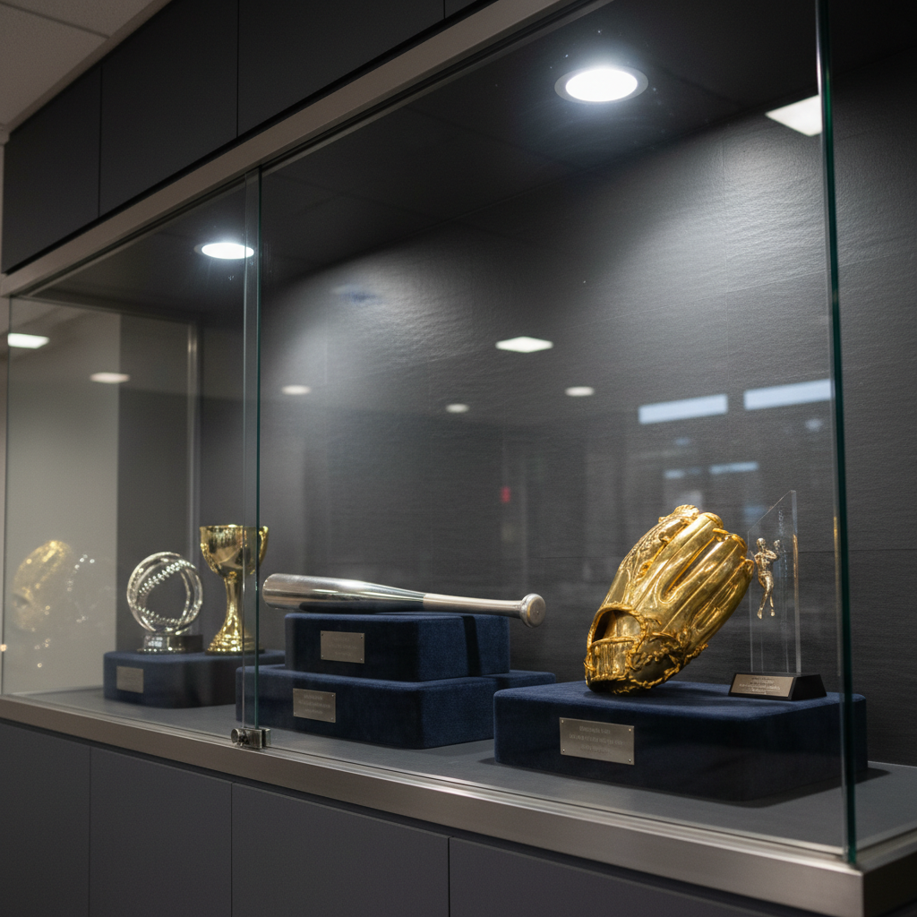 An elegant trophy case constructed of clear tempered glass and brushed steel, containing prestigious baseball awards such as a polished silver bat and a gold glove, all immaculately displayed on velvet-lining in deep, neutral shades. The case is positioned against a textured, slate-gray corporate wall, creating a stark yet graceful backdrop. Ambient office lighting above casts crisp, defined highlights on the trophy surfaces, with soft, diffused shadows below each item, lending architectural structure. Captured from a low-angle perspective, the composition employs the rule of thirds to dynamically showcase the awards. The image exudes a mood of accomplishment and sophistication, embodying photographic realism with a corporate, clean aesthetic. This setting reflects the site’s dedication to celebrating baseball achievement with professionalism.