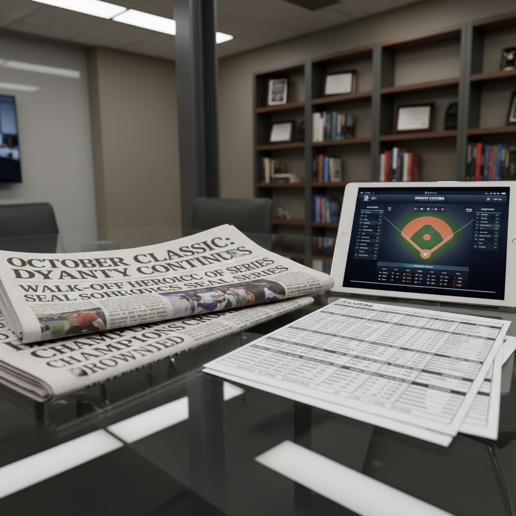 A close-up of two crisp, heavyweight printed newspapers with bold, structured sports headlines, partially overlapping on a minimalist glass conference table. Carefully organized, glossy stat sheets and a modern tablet reflecting baseball data are arranged with geometric precision nearby. The environment is an upscale newsroom with neutral taupe walls, matte steel fixtures, and hints of sophisticated shelving in the background. Neutral, overhead LED lighting provides even illumination, avoiding glare but accentuating textural details in the paper. Composed from a slightly oblique angle for subtle depth, sharp focus highlights clean lines and sharp typography. The mood is focused and dynamic, featuring a clear, corporate photographic style. This image emphasizes the reliable and detailed news reporting of the sports site.