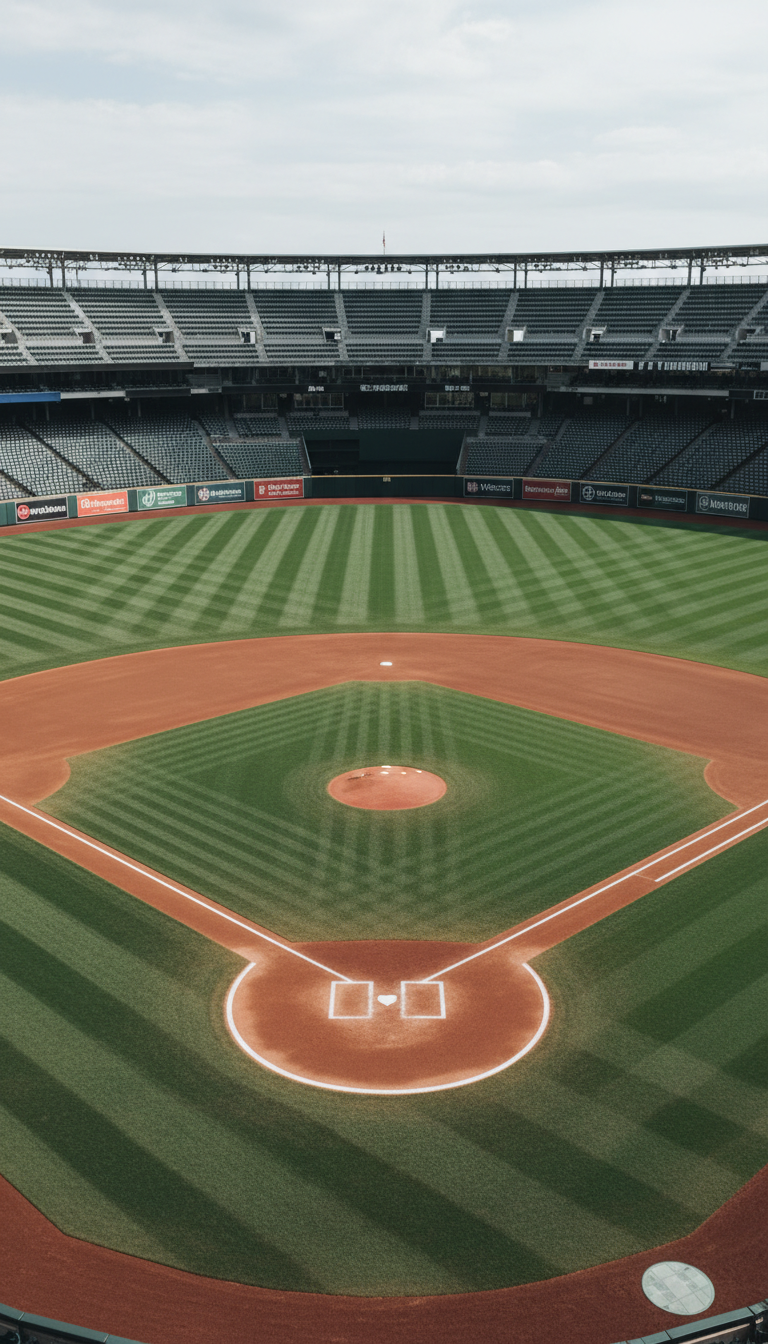 A meticulously maintained professional baseball stadium with pristine manicured grass, crisp white infield lines, and glossy bases anchored on smooth red clay. The expansive outfield stretches toward symmetrical outfield fences adorned with subtle corporate signage. The clean, modern stadium seats are rendered in neutral tones, perfectly aligned and empty, emphasizing organized calm. Overhead, diffused daylight filters through partial cloud cover, casting even, soft shadows that accentuate the immaculate field texture without harsh contrasts. Captured from a slightly elevated, wide-angle perspective with a centered composition to showcase the symmetry. The mood is composed and authoritative, embodying a photographic realism and a corporate, structured aesthetic. This image highlights the gravitas and professionalism of the site’s sports coverage.