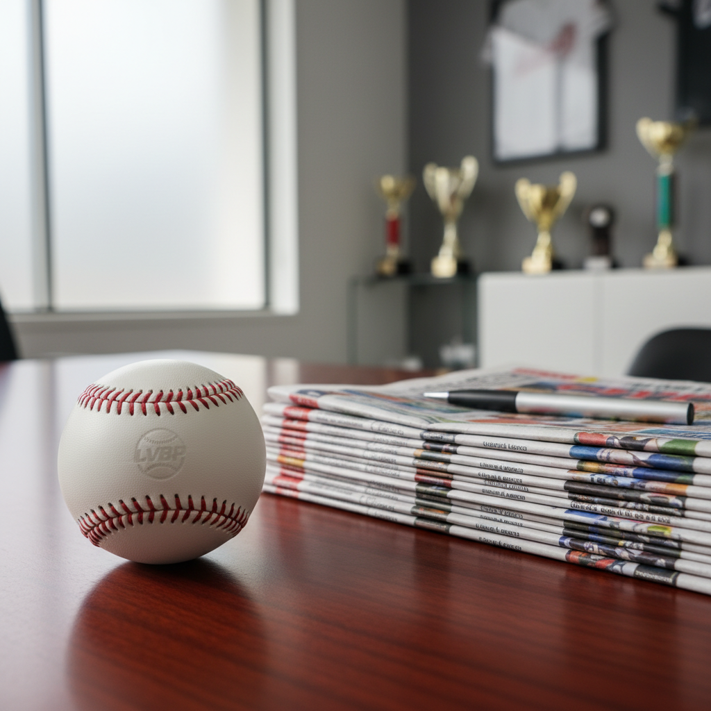 A gleaming, official Venezuelan baseball placed atop a polished wood desk, detailed with tight red stitching and a subtle league logo imprinted on its surface. The ball sits neatly beside an orderly stack of sports newspapers, their edges perfectly aligned, and a metallic pen with a matte finish. The environment is a bright, minimalist office setting with clean lines and neutral tones; the background fades into soft out-of-focus shapes suggesting shelving and sports memorabilia. Bright but indirect daylight streams through a frosted window, rendering gentle highlights on the polished surfaces and subtle shadows. Shot from a classic eye-level angle with sharp focus on the baseball, the composition is balanced and uncluttered. The overall atmosphere is refined and analytical, perfectly suited to a professional sports news context.